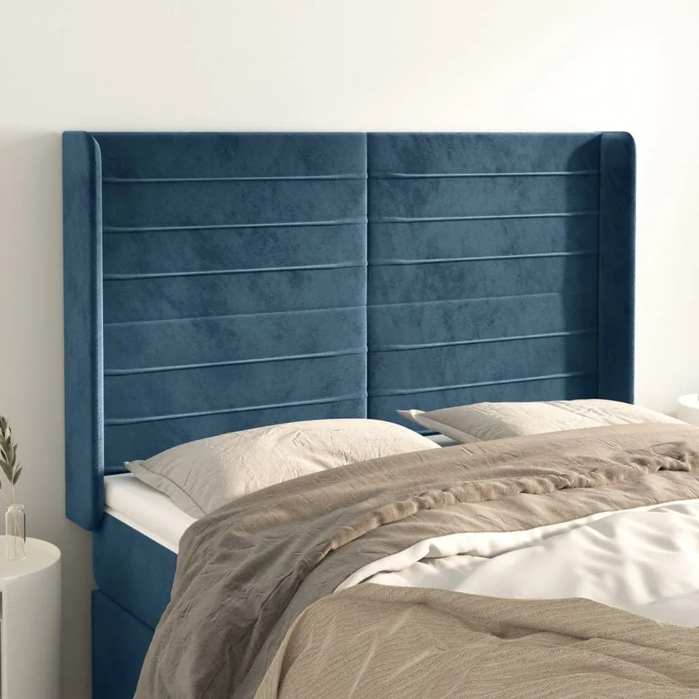 Testiera Ad Orecchio Blu Scuro 147x16x118/128 Cm İn Velluto /