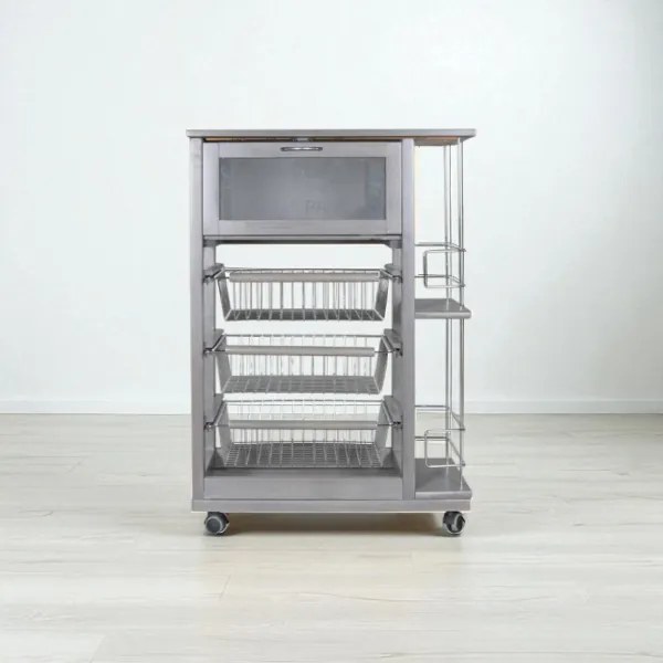 Carrello portapane con portabottiglie e cesti portafrutta Grigio