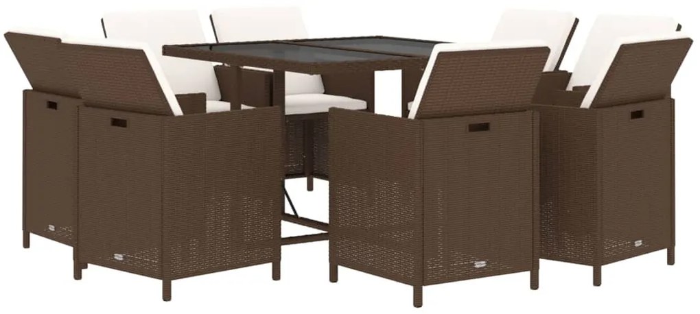 Set da pranzo per giardino 9 pz con cuscini polyrattan marrone