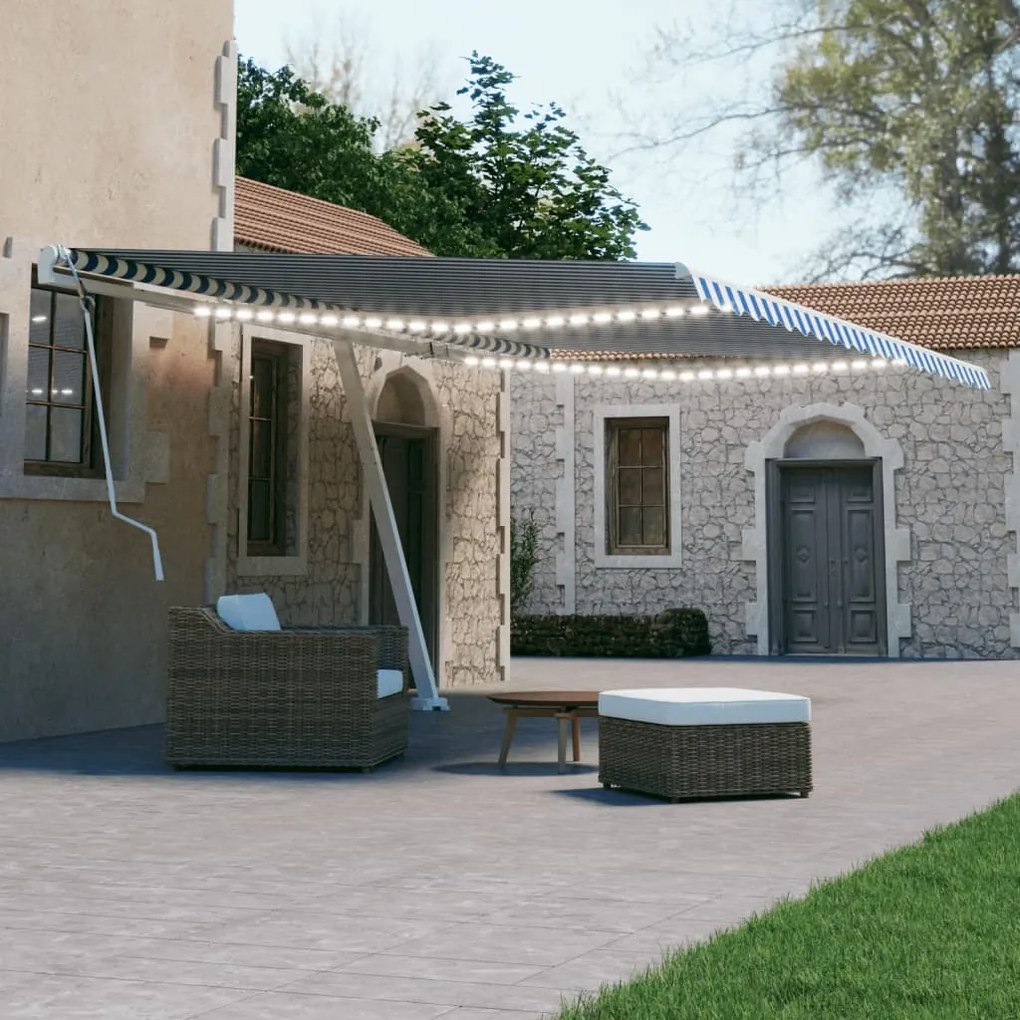 Tenda Da Sole Retrattile Manuale Con Led 600x300cm Blu E Bianco /
