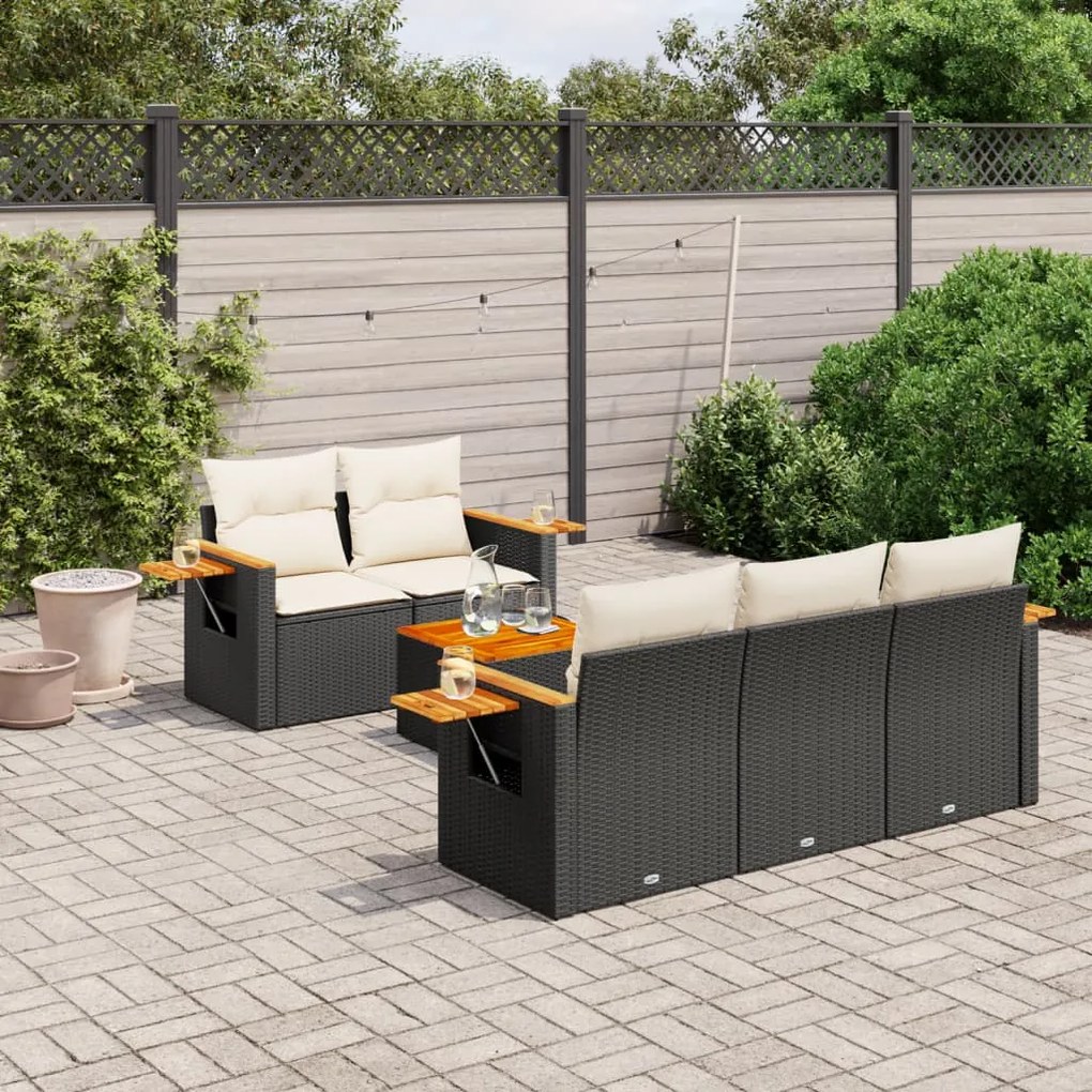 Set Divano da Giardino 6 pz con Cuscini Nero in Polyrattan