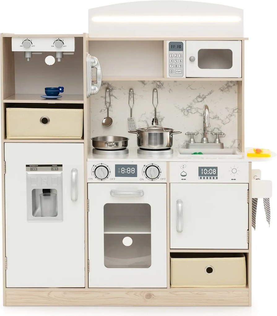 Costway Cucina giocattolo per bambini con luci led regolabili colorate, Cucina giocattolo cesti di stoffa rimovibili e scaffali Bianco