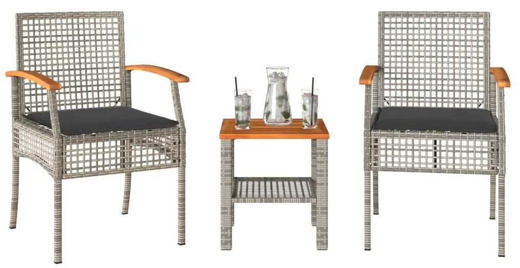 Set Da Bistrò 3 Pz Con Cuscini Grigio Polyrattan E Legno Acacia /