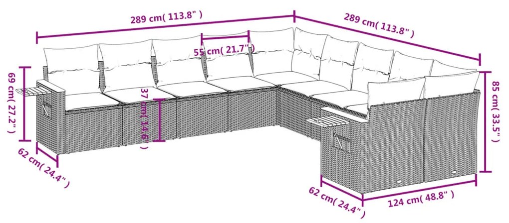 Set divano da giardino 10 pz con cuscini beige in polyrattan