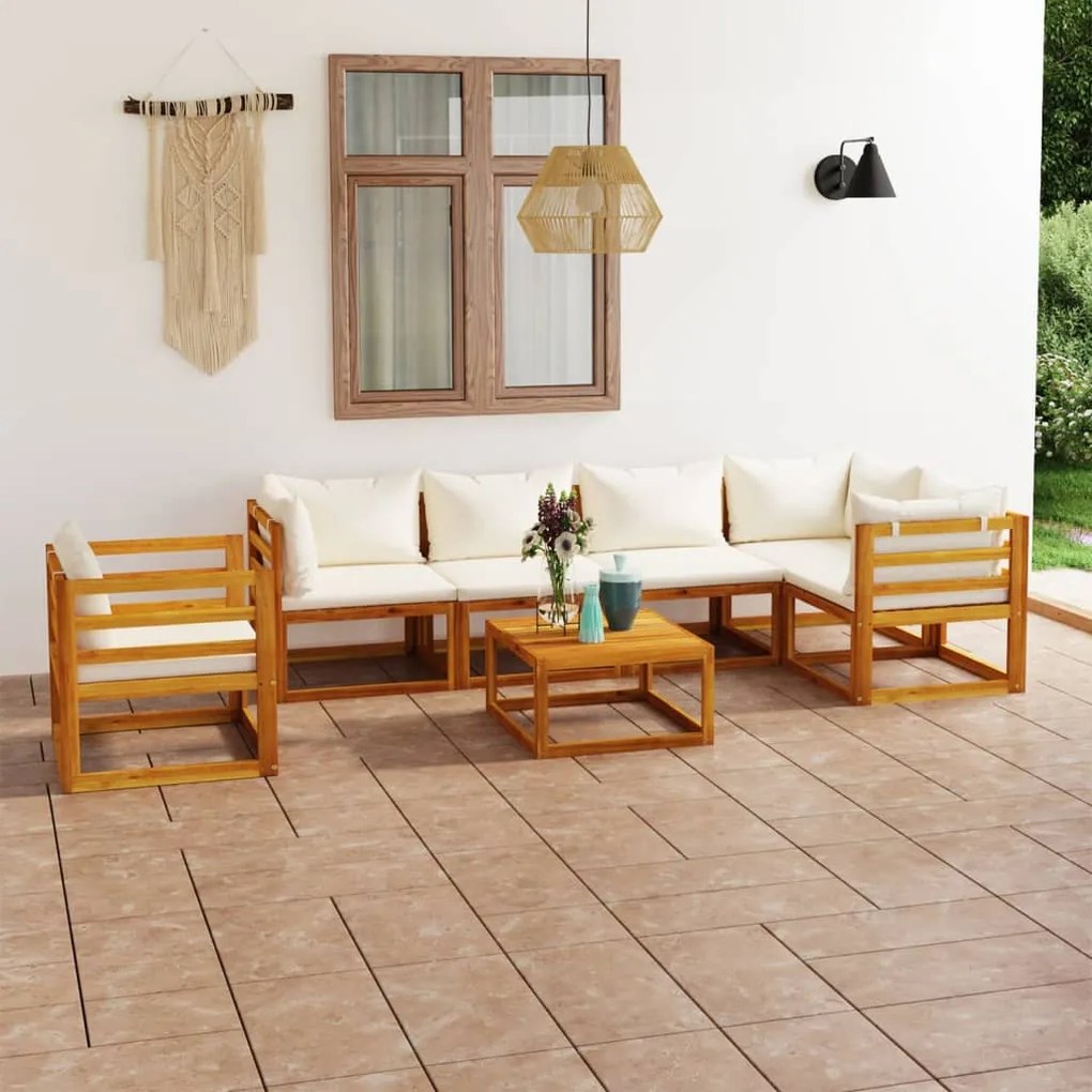 Set divani da giardino 7 pz con cuscini crema massello acacia