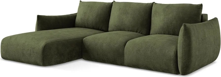 Divano angolare verde allungabile (con penisola a sinistra/con chaise lounge) con rivestimento in ciniglia Leila – Makamii