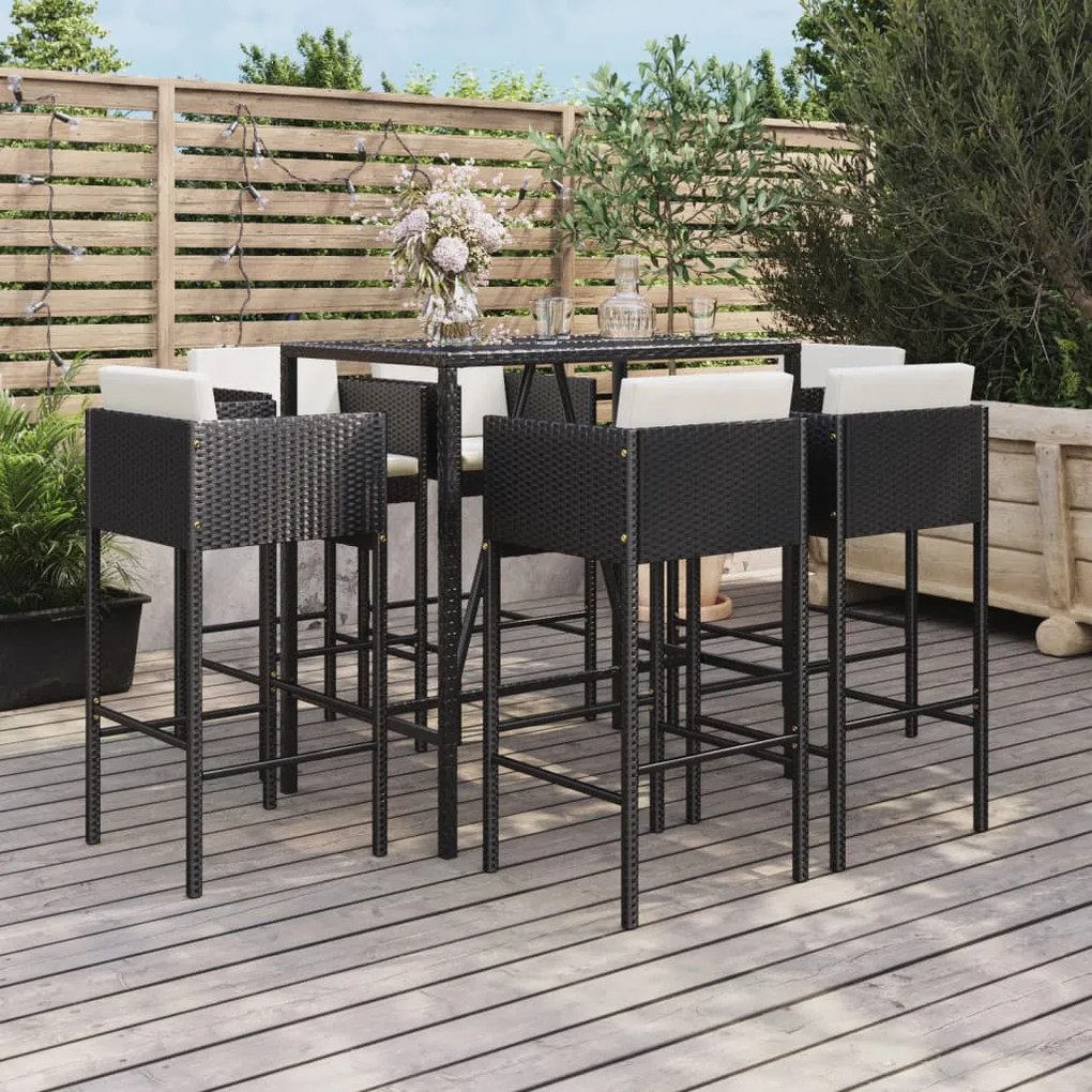 Set bar da giardino 7 pz con cuscini in polyrattan nero