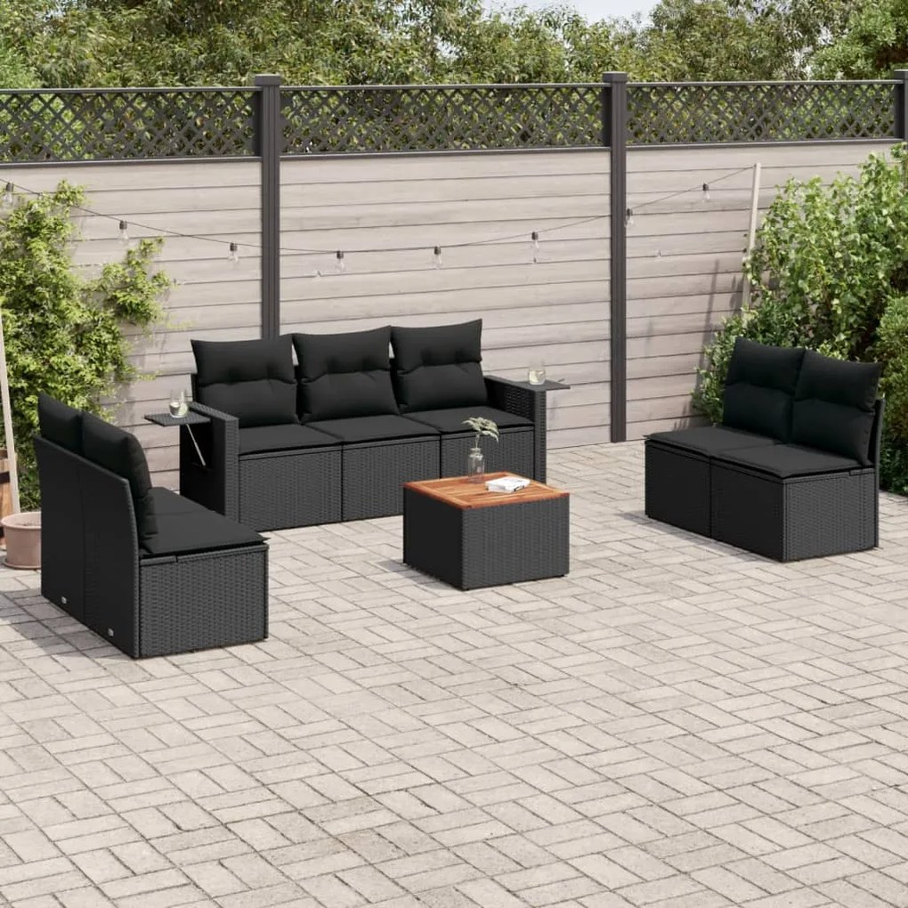 Set Divani da Giardino con Cuscini 8 pz Nero in Polyrattan