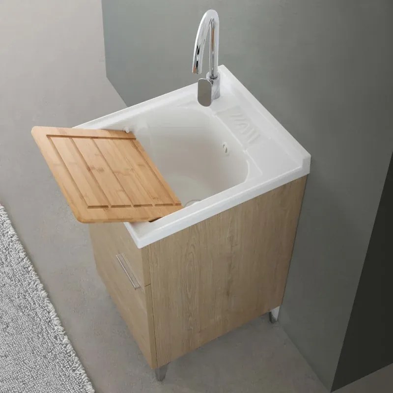 Mobile lavatoio 45x50 cm rovere con vasca in resina e asse lavapanni