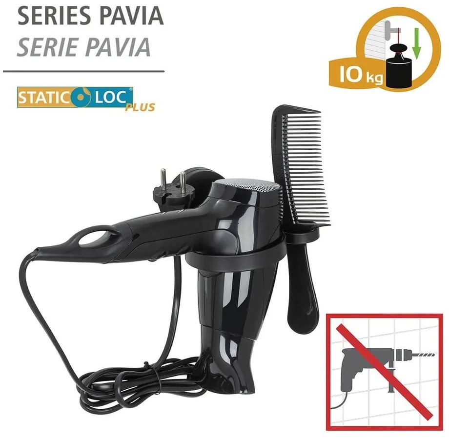 Supporto per asciugacapelli a parete Static-Loc® nero Pavia - Wenko