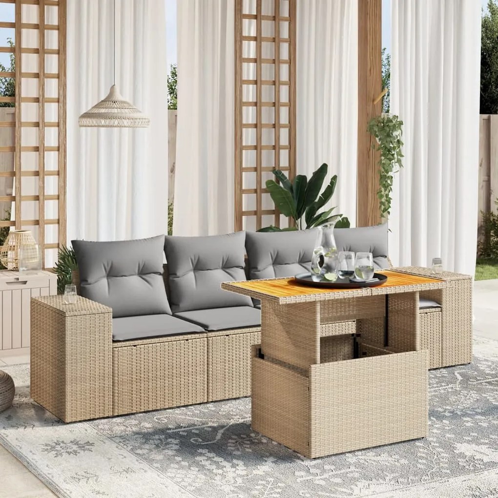 Set divano da giardino 5 pz con cuscini beige in polyrattan