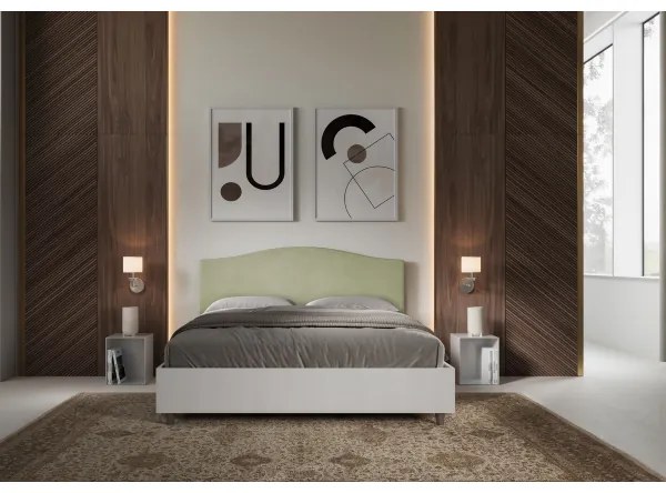 Letto matrimoniale e rete 160x200 in legno bianco e testata in microfibra tč verde Grace