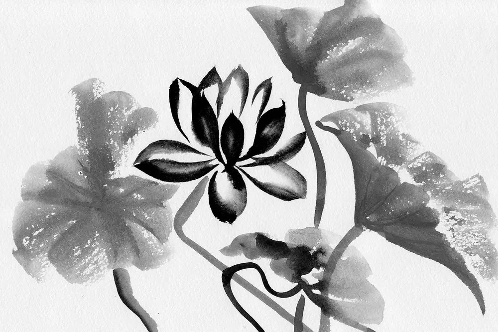 Carta da parati – Fiore di loto ad acquerello in bianco e nero