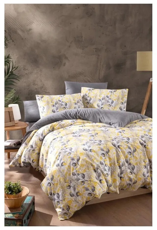 Biancheria da letto gialla/grigia per letto matrimoniale/per letto prolungato con lenzuolo incluso/4 pz 200x220 cm Leaves – Mila Home