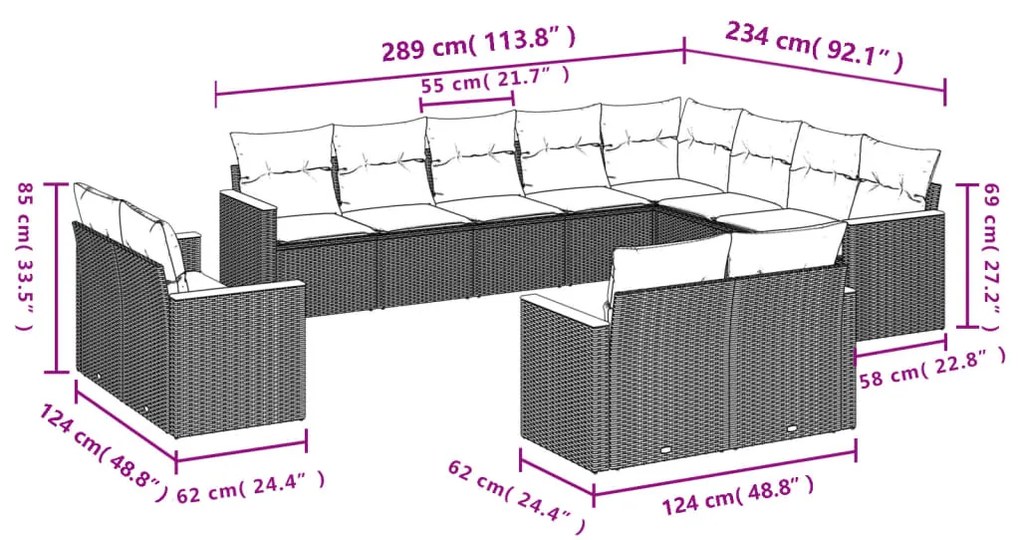 Set divani da giardino 12 pz con cuscini nero in polyrattan