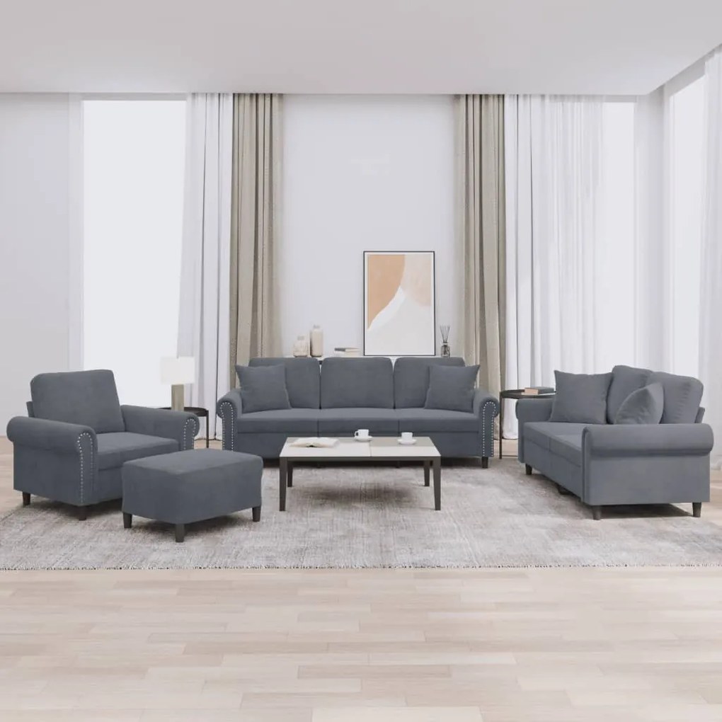 Set Di Divani 4 Pz Con Cuscini Grigio Scuro İn Velluto /