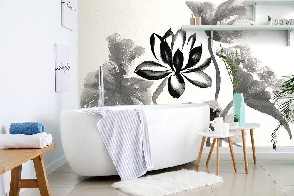 Carta da parati – Fiore di loto ad acquerello in bianco e nero