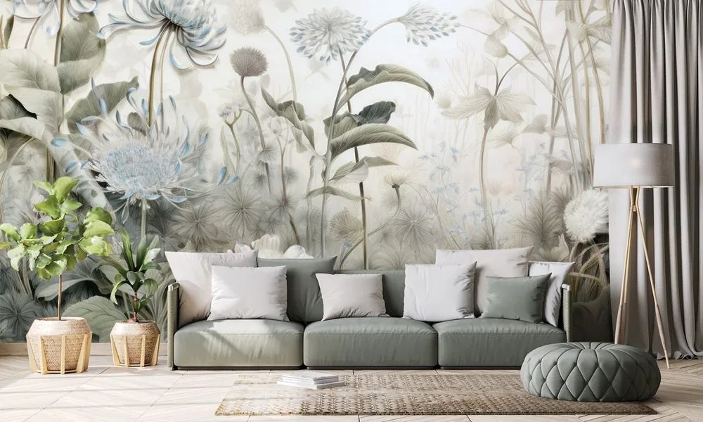 Carta da parati – Fiori avvolti dalla natura con contrasto blu