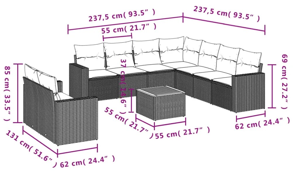 Set divano da giardino 10 pz con cuscini beige in polyrattan