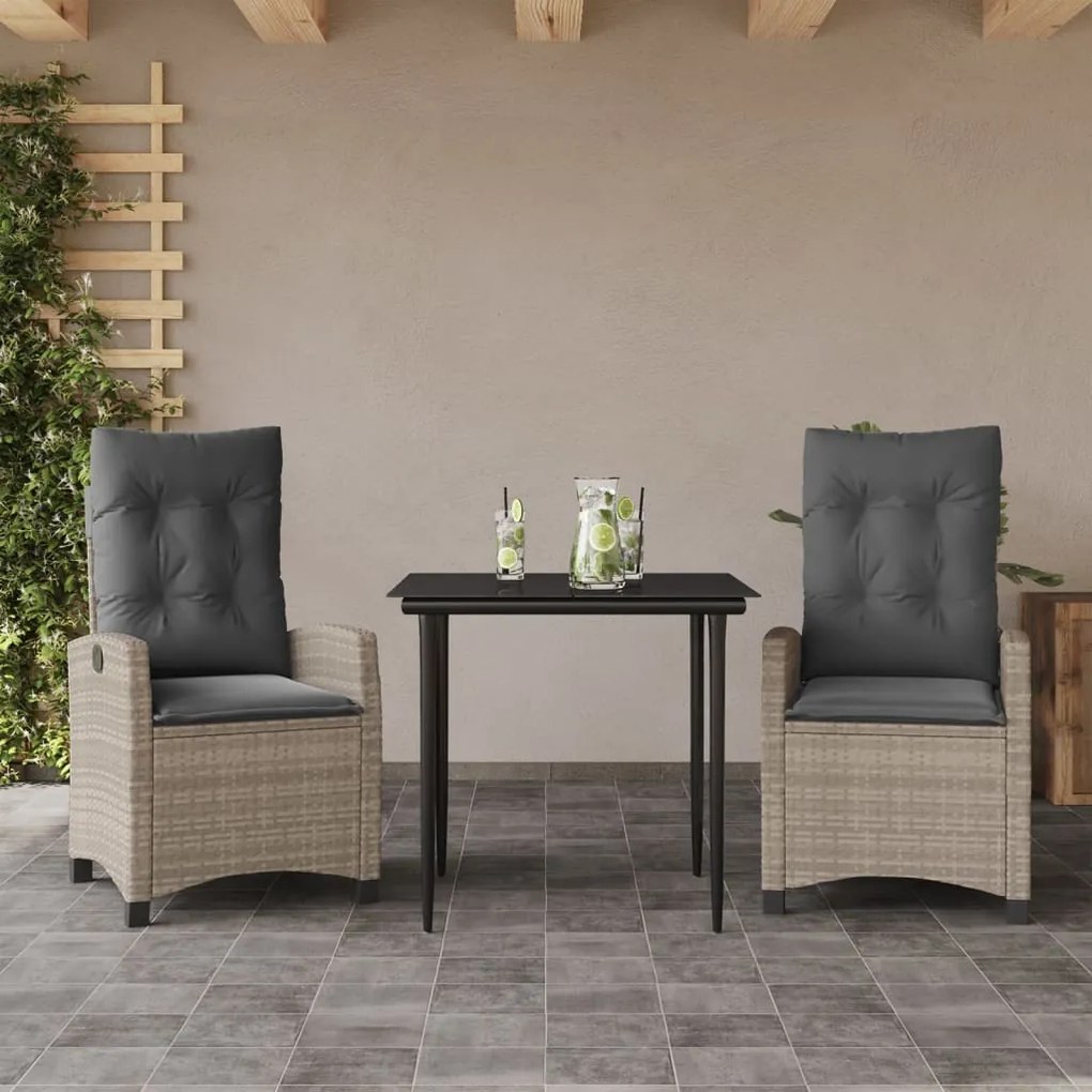 Set pranzo da giardino 3pz con cuscini grigio chiaro polyrattan