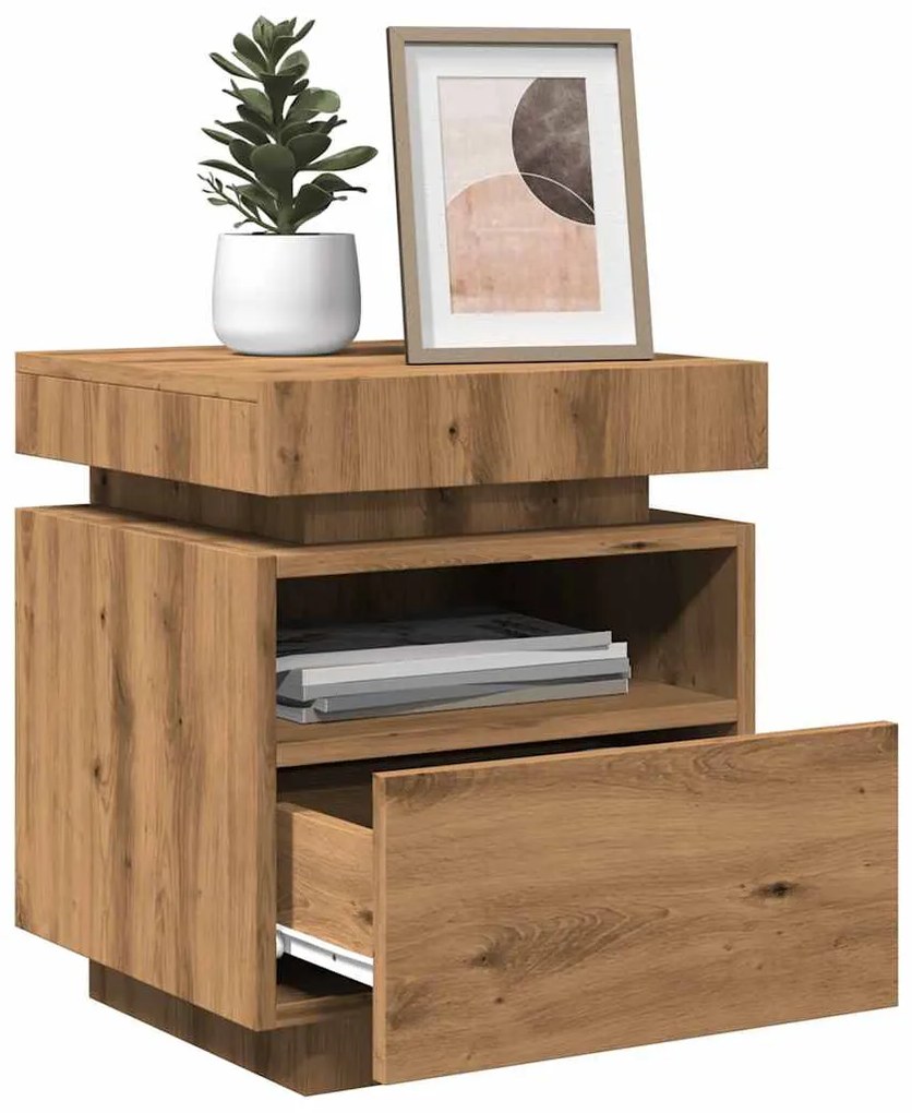 Comodino con luci led rovere artigianale 40x39x48,5 cm