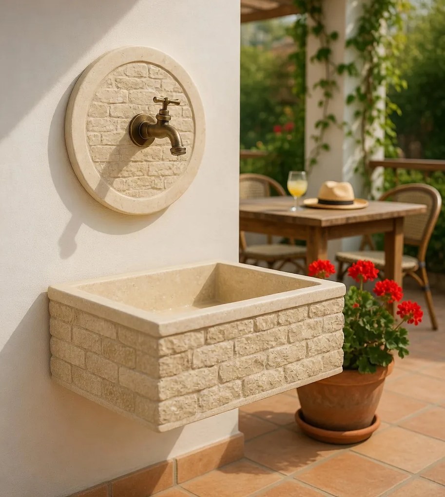Lavello Rettangolare da Esterno 45x35 cm con Rosone Installazione a Muro in Cemento Mattone Faccia a Vista Meseta Nocciola...
