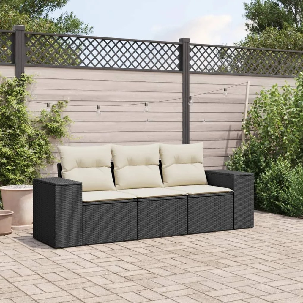 Set divani da giardino 3 pz con cuscini in polyrattan nero