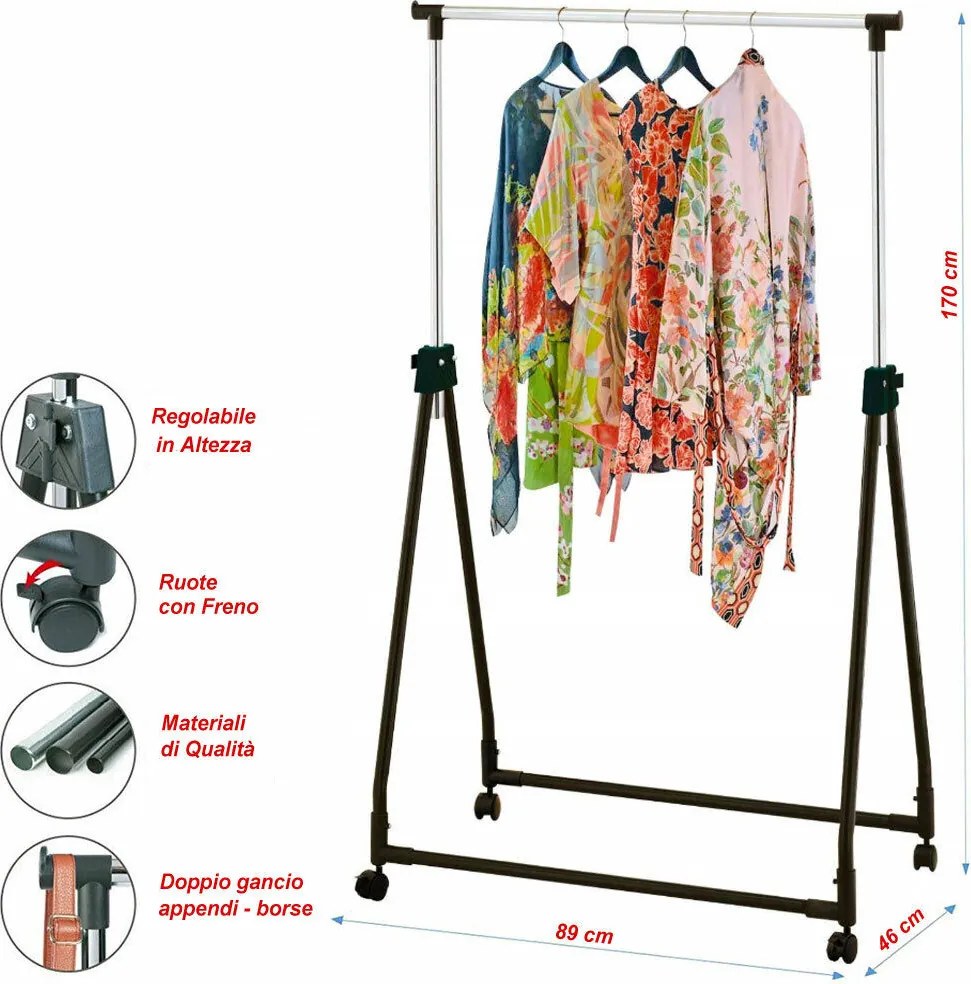 Stand Appendiabiti Pieghevole in Acciaio Asta Allungabile Regolabile con Ruote...