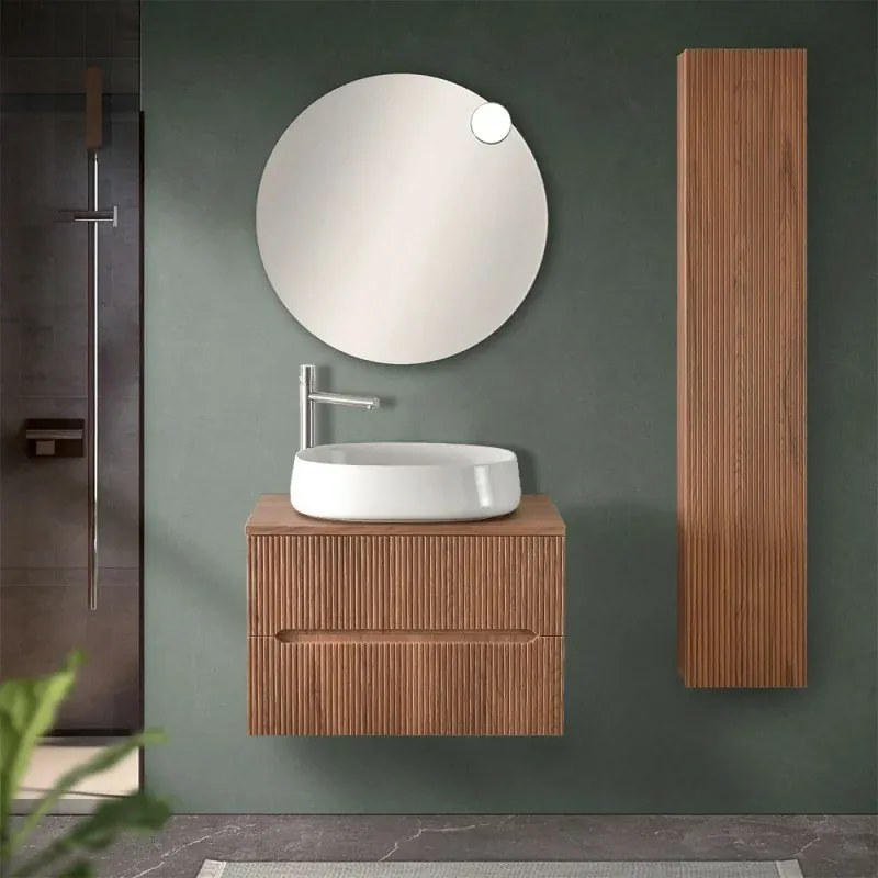 Mobile bagno sospeso cannettato 70 cm noce con top e specchio Bali