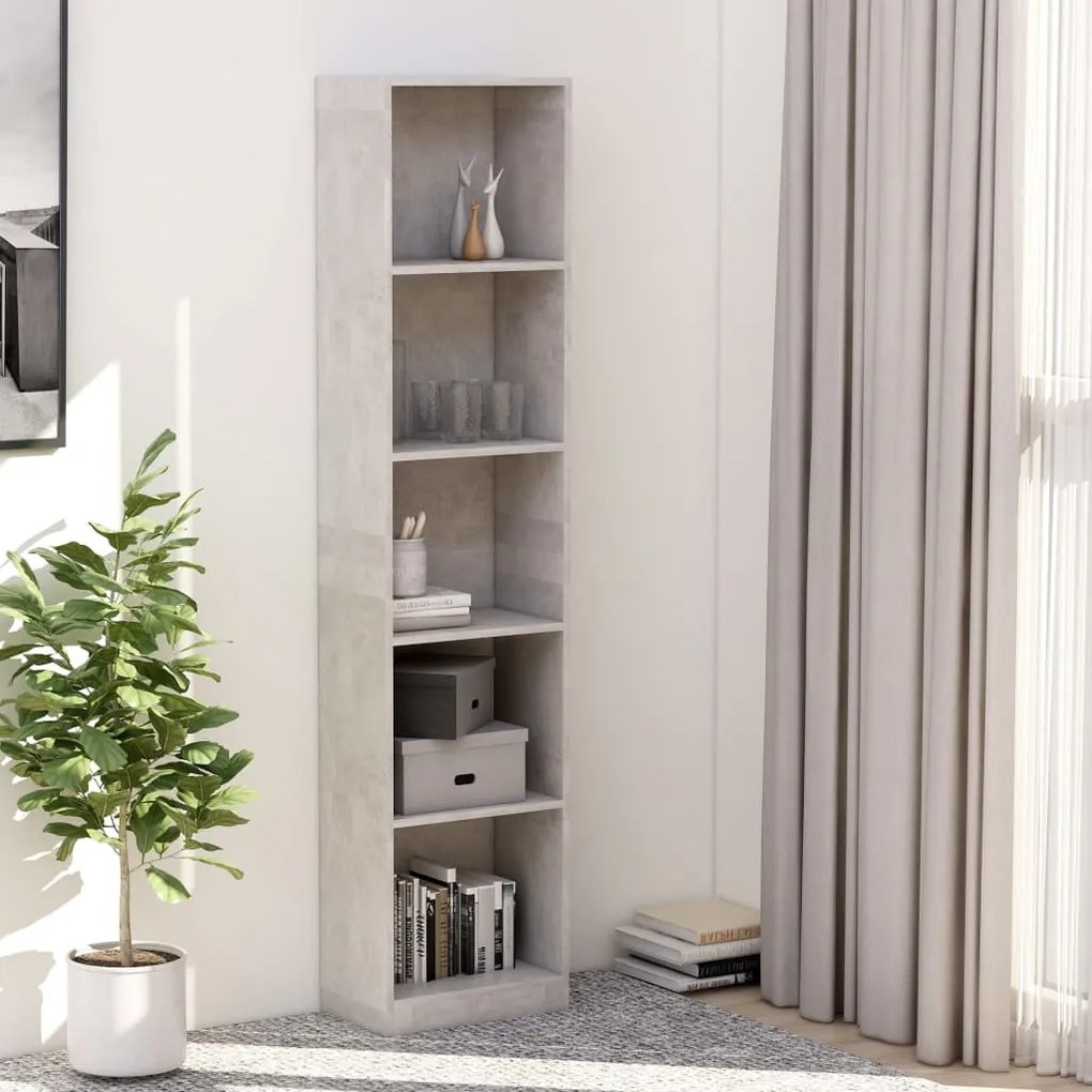 Libreria 5 Ripiani Grigio Cemento 40x24x175cm Legno Multistrato