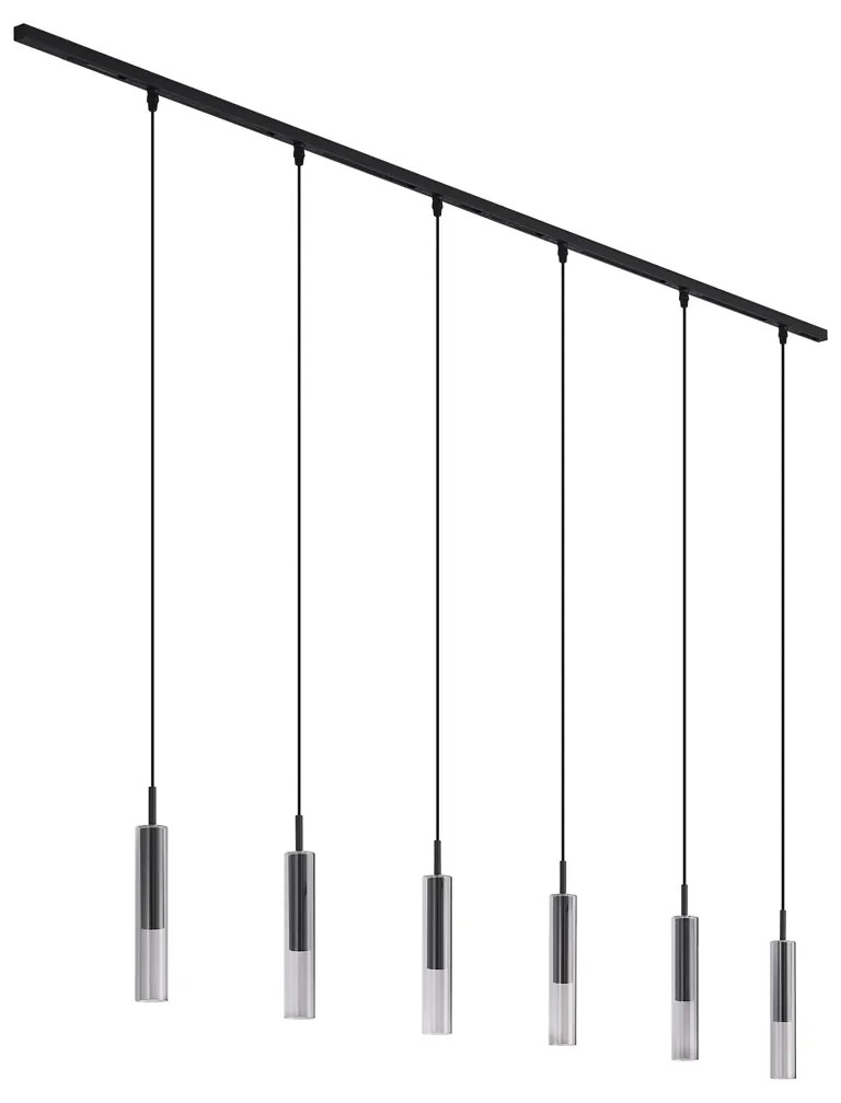 Sistema di illuminazione a binario moderno nero con 6 lampade a sospensione nere con vetro fumé 1 fase - Slimline Loyce