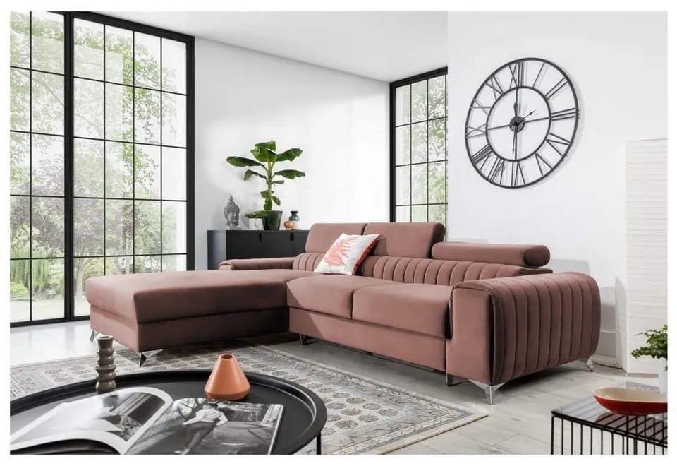 Divano angolare rosa allungabile/con contenitore (con penisola a sinistra/con chaise lounge) e rivestimento in velluto Grayson – ELTAP