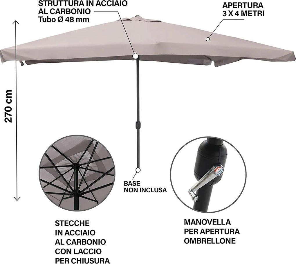 Ombrellone da Giardino 3x4 m Copertura in Poliestere Struttura in Acciaio Écru Cuba...