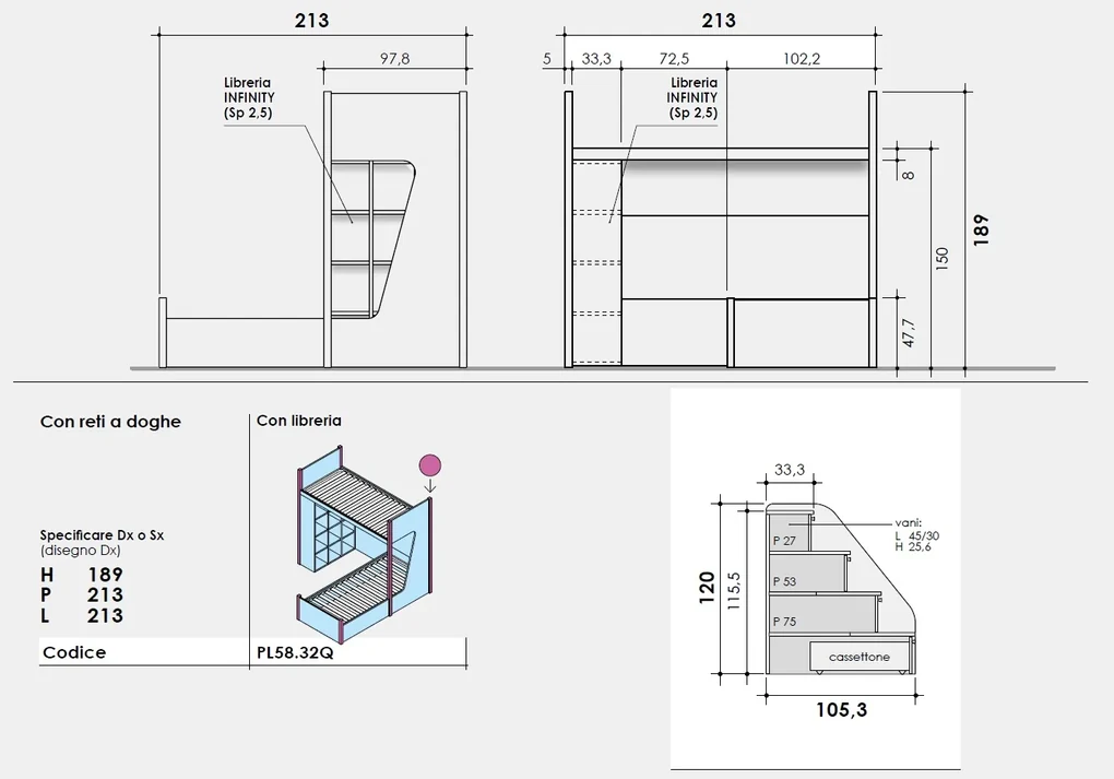 Letto a castello con libreria Felix linea Airone disponibile in vari colori