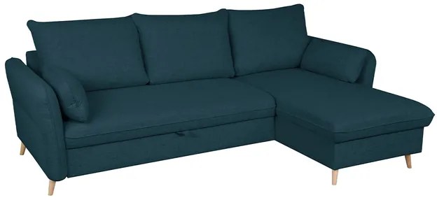 Divano letto angolare reversibile con contenitore 3-4 posti in tessuto blu oceano e legno chiaro DRISS