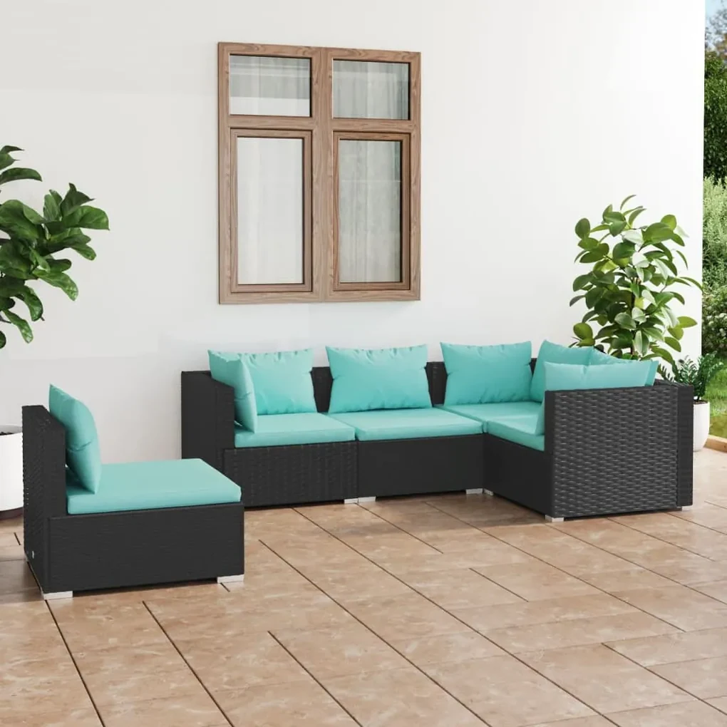 Set divani da giardino 5 pz con cuscini in polyrattan nero