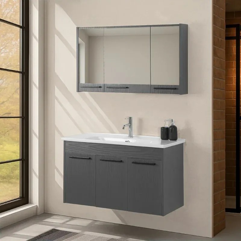 Mobile bagno sospeso 100 cm grigio effetto legno con armadietto a specchio Sofia