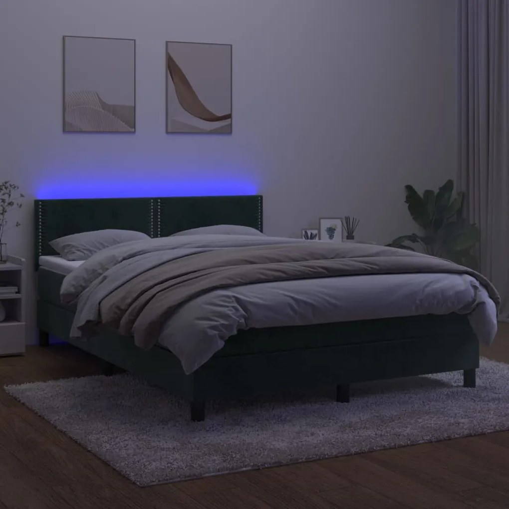 Letto a Molle con Materasso e LED Verde Scuro 140x200cm Velluto