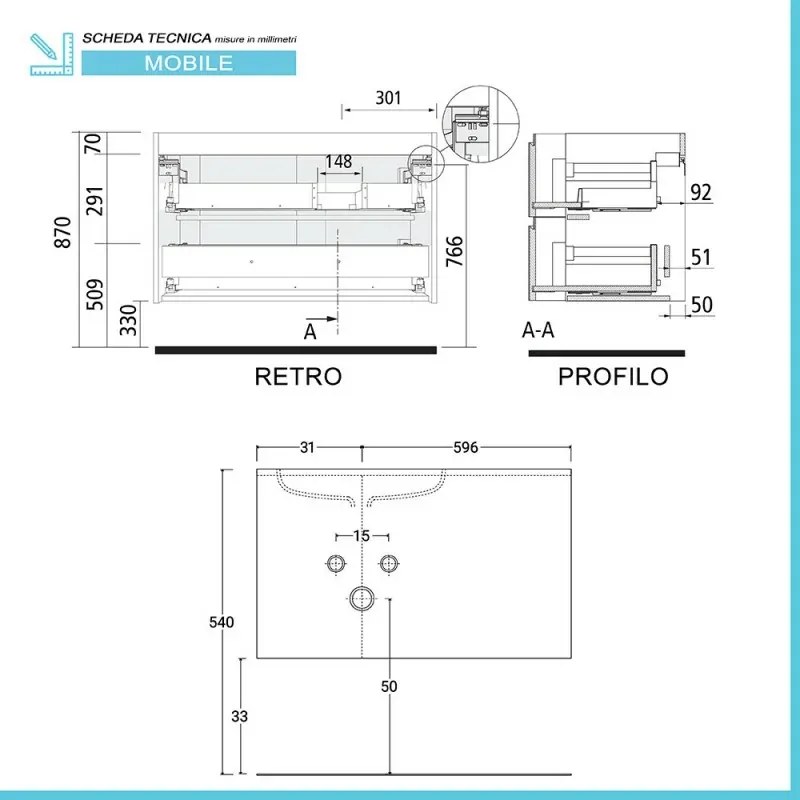 Mobile bagno sospeso 90 cm Melody bianco opaco con vasca a sinistra