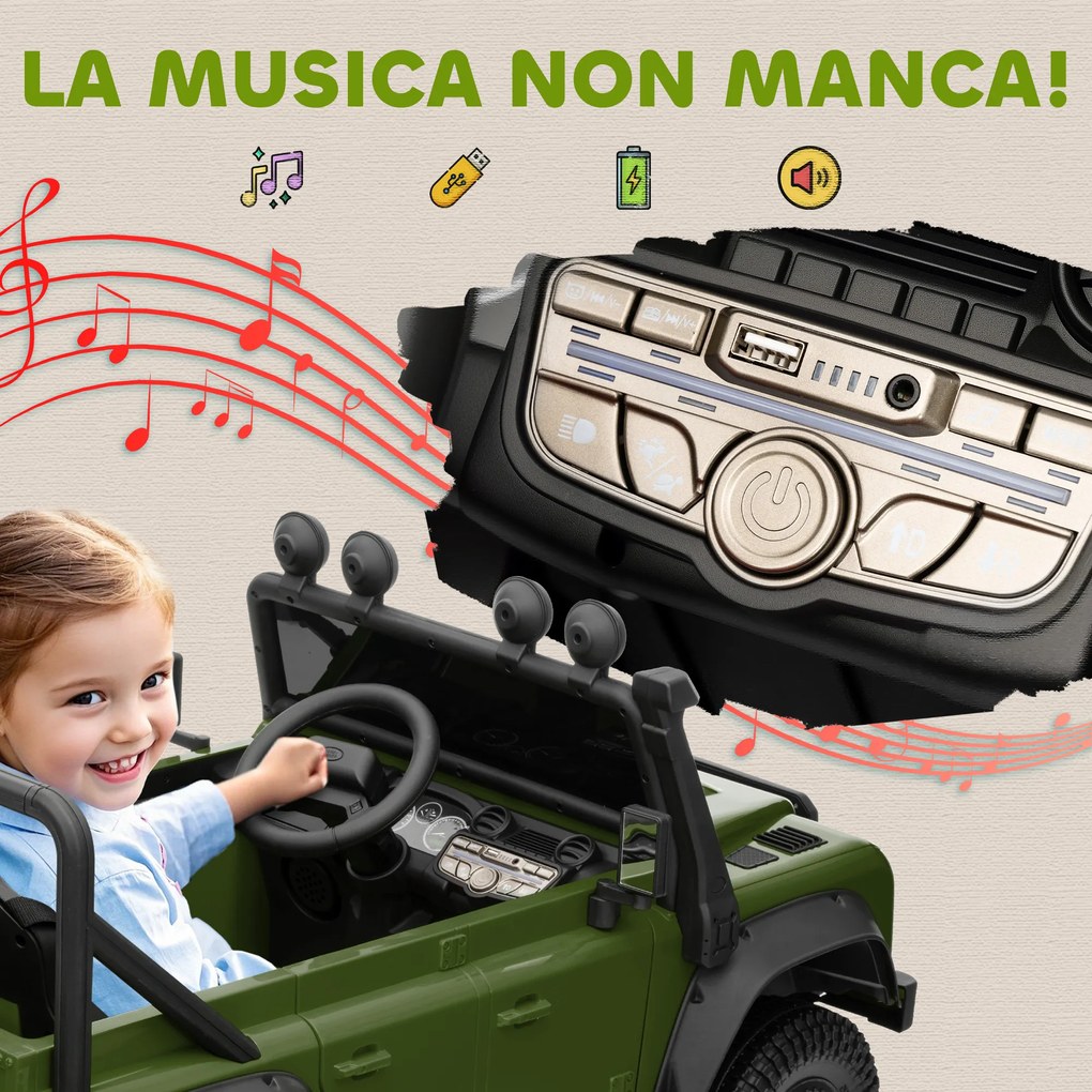 Macchina Elettrica per Bambini Licenza Ufficiale Land Rover Defender 12V con Telecomando Verde...