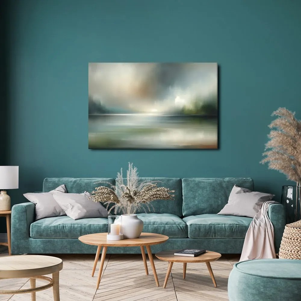 Quadro su tela – Panorama nebbioso con superficie d’acqua