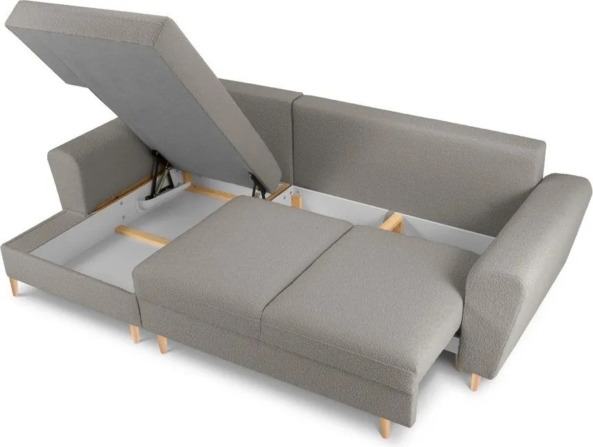 Divano angolare grigio chiaro allungabile e con contenitore (con penisola a sinistra/con chaise lounge) con rivestimento in bouclé Kyoto – Cosmopolitan Design