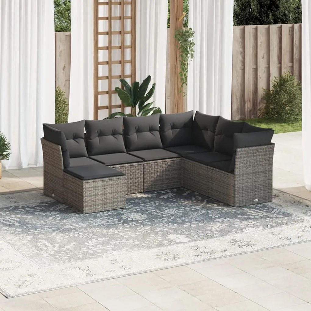 Set Divani da Giardino 7 pz con Cuscini Grigio in Polyrattan