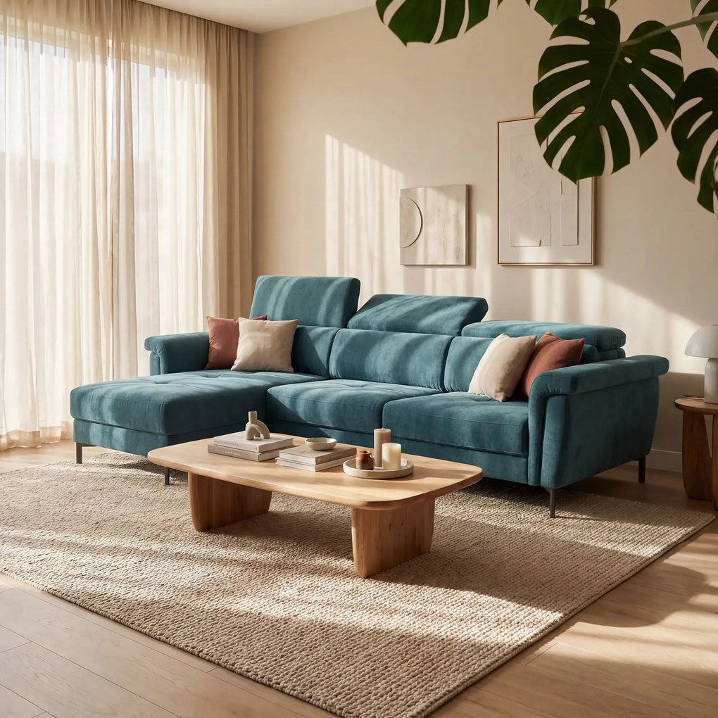 Capri Divano letto angolare con penisola contenitore e poggiatesta reclinabili - elegante tessuto smacchiabile T30