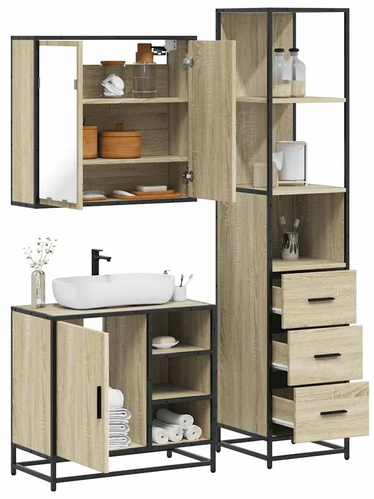 Set Mobili Da Bagno 3 Pz Rovere Sonoma İn Legno Multistrato /