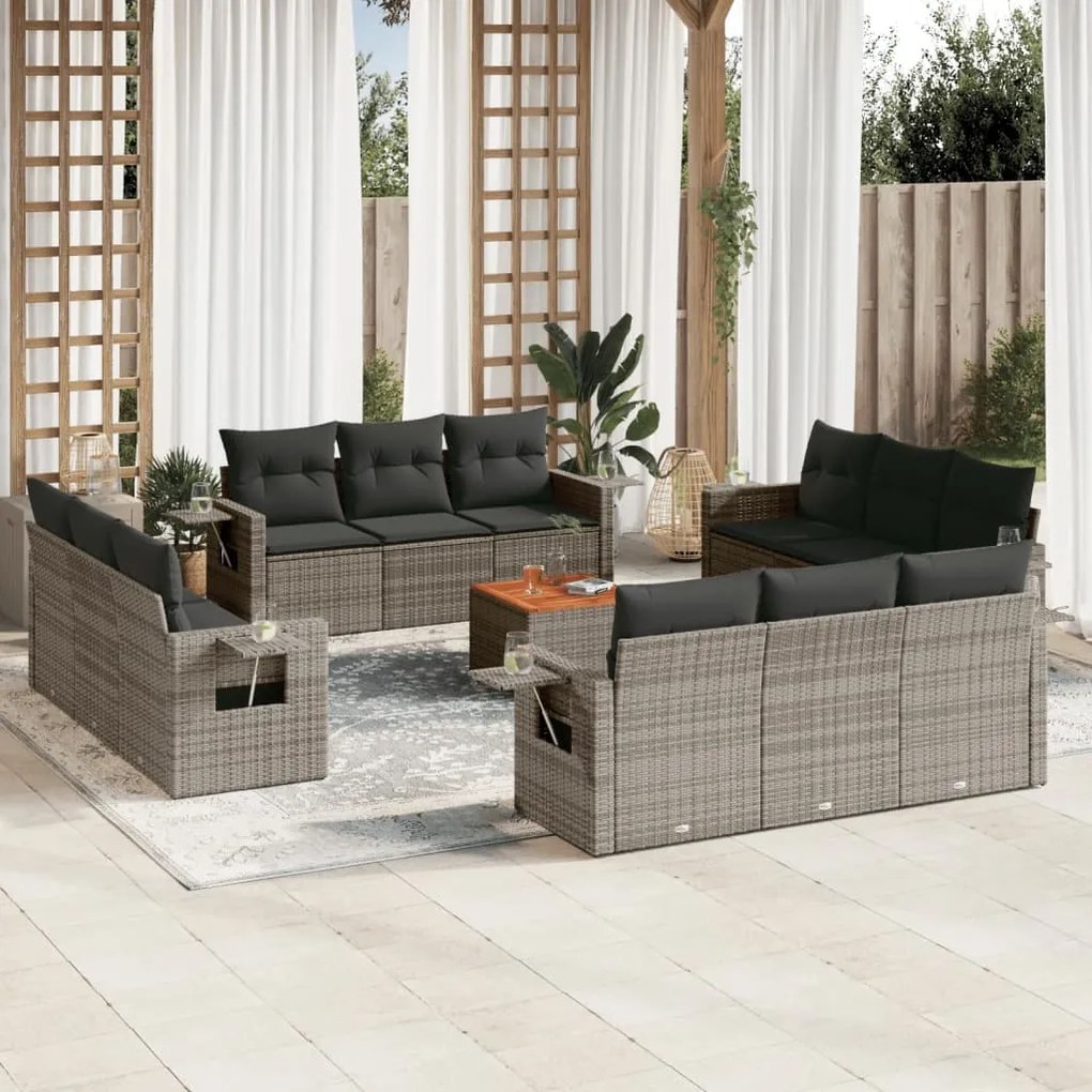 Set divani da giardino 13 pz con cuscini grigio in polyrattan