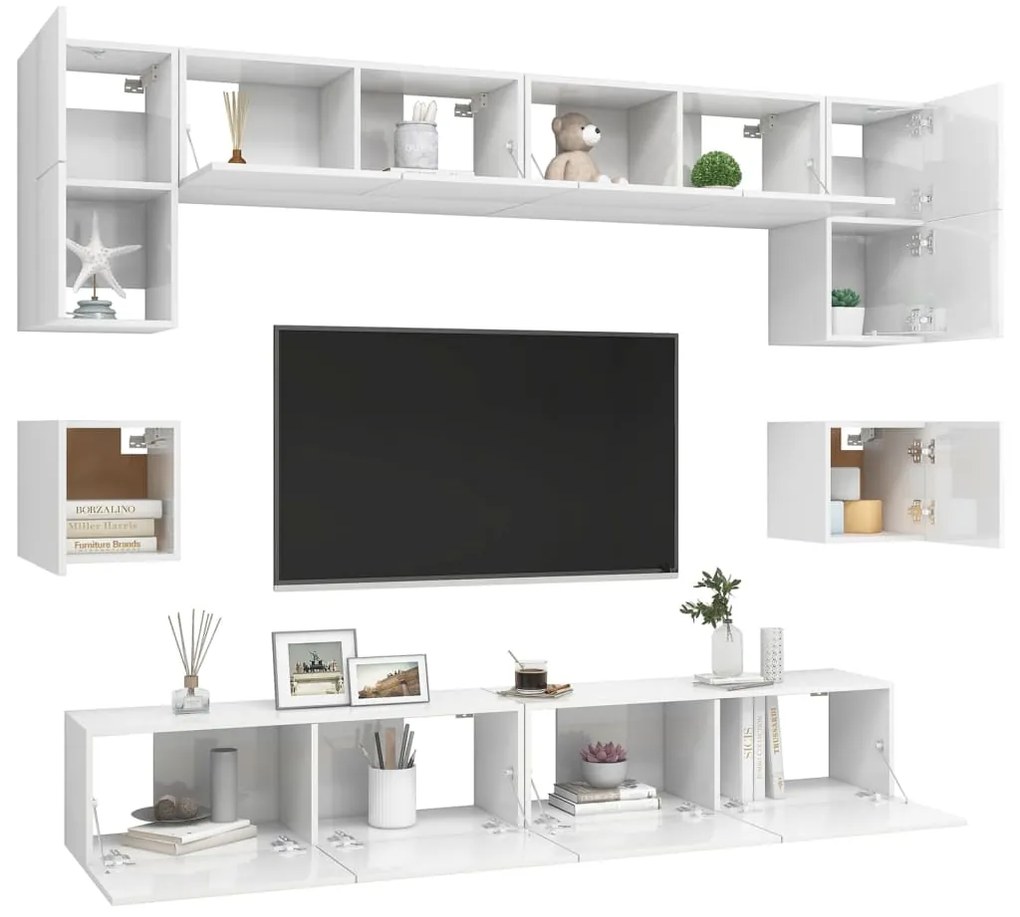 Set di mobili porta tv 8 pz bianco lucido in legno multistrato