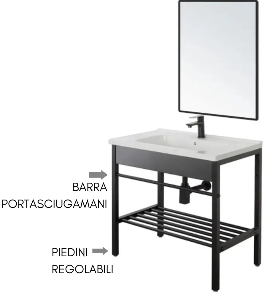 Mobile Bagno con Lavabo in Ceramica, Specchio e Sifone, Vano Portaoggetti, in Acciaio - 80 cm Nero