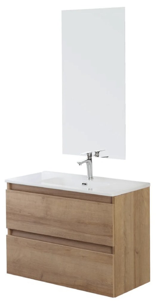 Mobile Bagno Sospeso 80 Cm Due Cassetti Specchio a Filo 80x60 Cm Feridras "Revital" Rovere Di Bordeaux