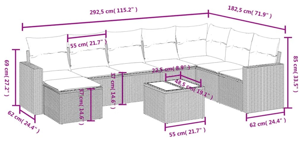 Set divano da giardino 9 pz con cuscini beige in polyrattan